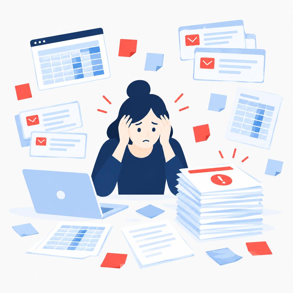 Illustration of the before state with scattered spreadsheets and an overwhelmed finance worker