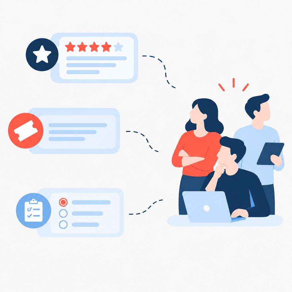 Flat-vector illustration of disconnected feedback sources (reviews, tickets, surveys) representing the before state.