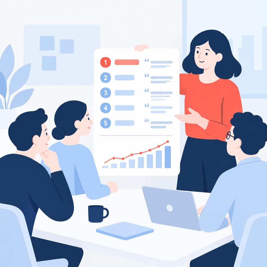 Flat-vector illustration of a product team reviewing a concise improvement brief and a small trend chart representing the after state.