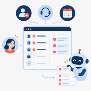 Flat-Vektor-Illustration, die ein vereinfachtes Onboarding-Dashboard mit Meilensteinen und automatischer Aufgabenerstellung zeigt