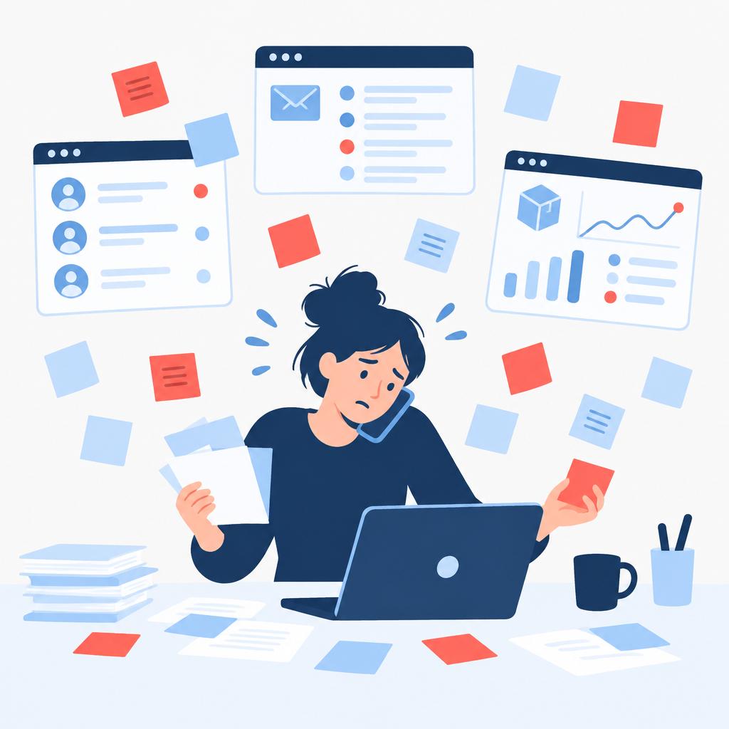 Darstellung eines fragmentierten Onboarding-Prozesses mit mehreren, nicht miteinander vernetzten Tools und einem überforderten Teammitglied
