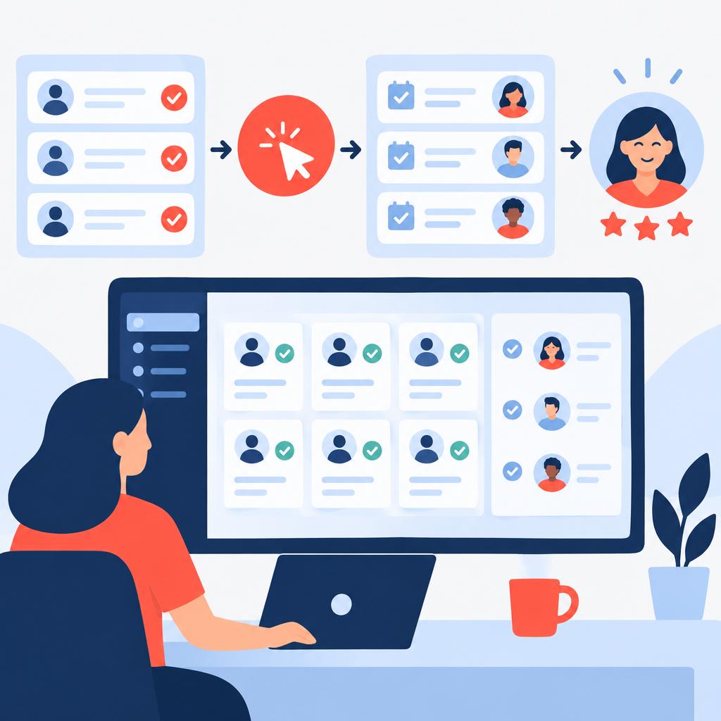 Abbildung eines übersichtlichen Onboarding-Dashboards mit automatisierten Aufgaben und einem Symbol für einen zufriedenen Kunden
