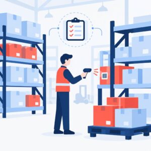 Ilustración vectorial plana que muestra un almacén con referencias resaltadas y una lista de comprobación automatizada que simboliza los recuentos cíclicos programados.