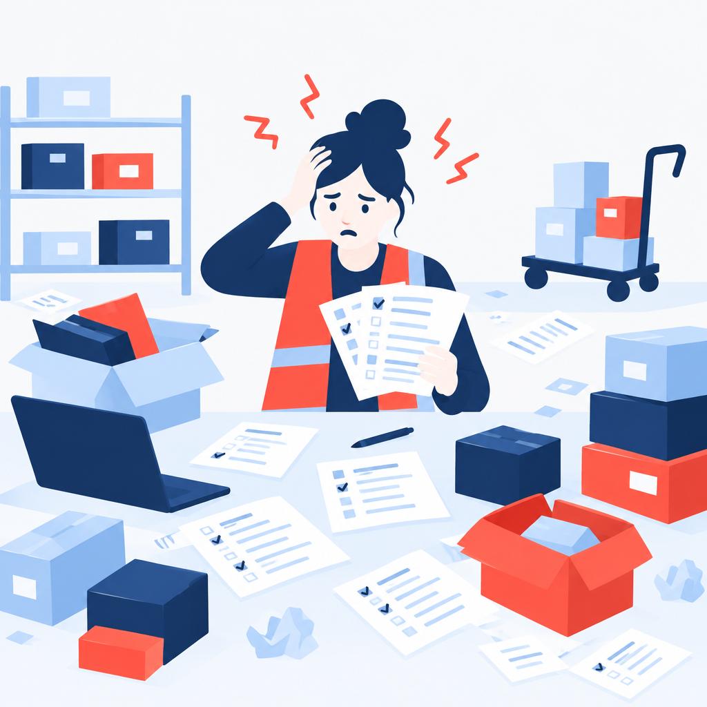 Ilustración vectorial de estilo plano que muestra una escena caótica en un almacén, con listas en papel y un operario estresado, que representa las dificultades que plantea el recuento manual.