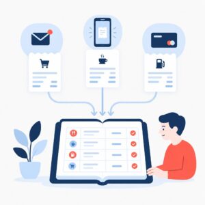 Flat-vector illustration showing automated receipt capture and coding into accounting records