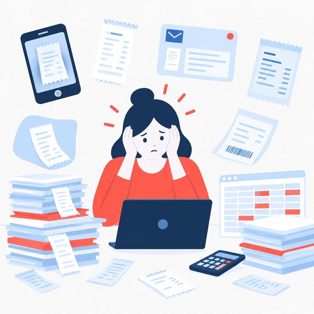 Illustration of scattered paper receipts and a finance person overwhelmed with spreadsheets