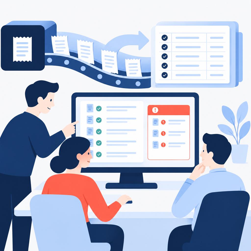 Illustration of a calm finance team reviewing a small exceptions queue while most receipts are auto-processed