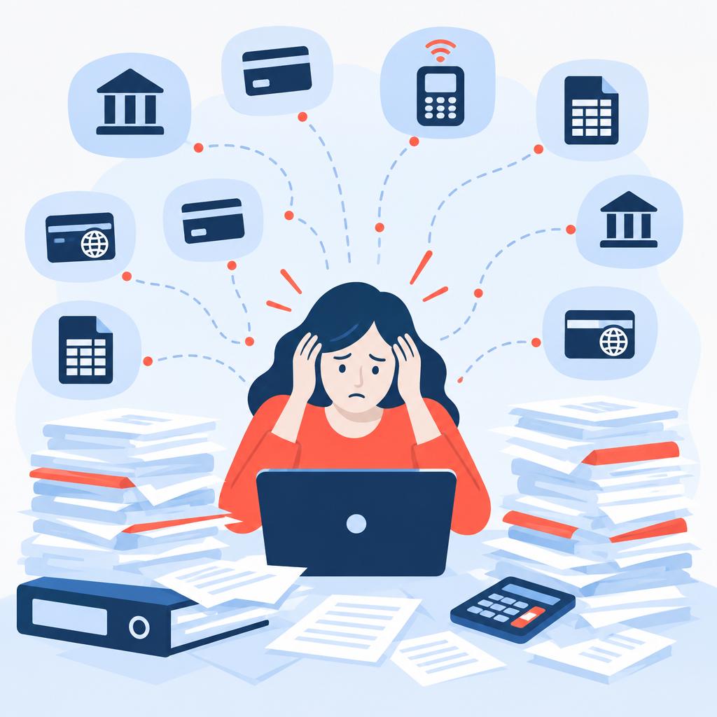 Illustration of multiple scattered payment sources and a stressed finance user surrounded by spreadsheets and documents.