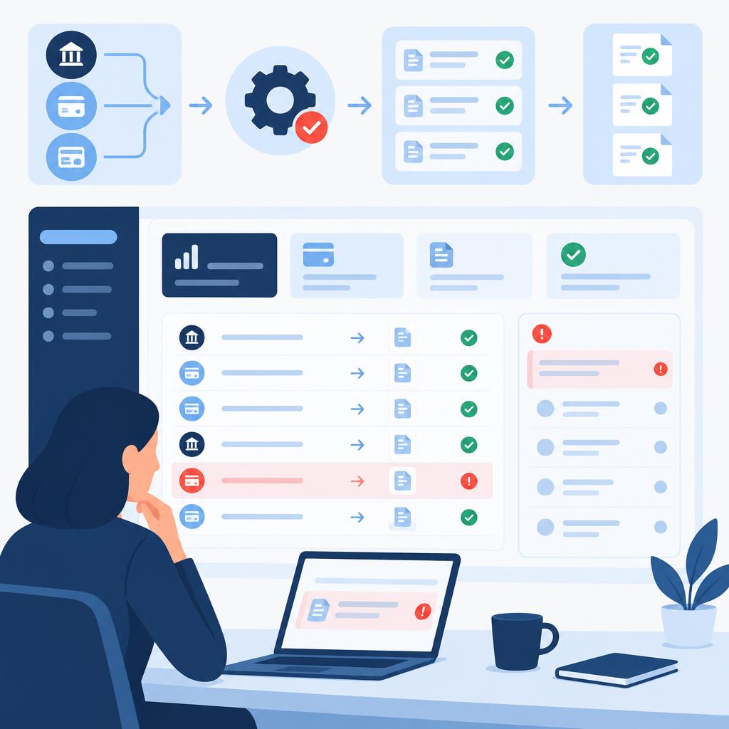 Illustration of a tidy reconciliation dashboard with a small exceptions queue and matched payments applied to invoices.