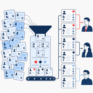 implementi.ai 产品图片 v2 — AI 潜在客户筛选与 CRM 数据增强：扁平化矢量插图，左侧展示杂乱重叠的潜在客户卡片，中央为一个分类漏斗，该漏斗可合并重复条目并添加彩色优先级标记，右侧则展示已整理并增强的 CRM 联系人卡片，这些卡片已被分发给销售代表。 配色方案仅限于 #183457、#FF554C、#C0D9F7、#DAE9FA、#F9F9F9。不含文字。.