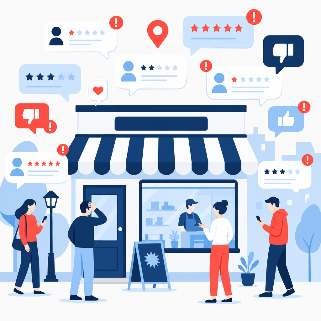 Illustration of a local storefront with review icons and alerts showing the problem of scattered online reviews