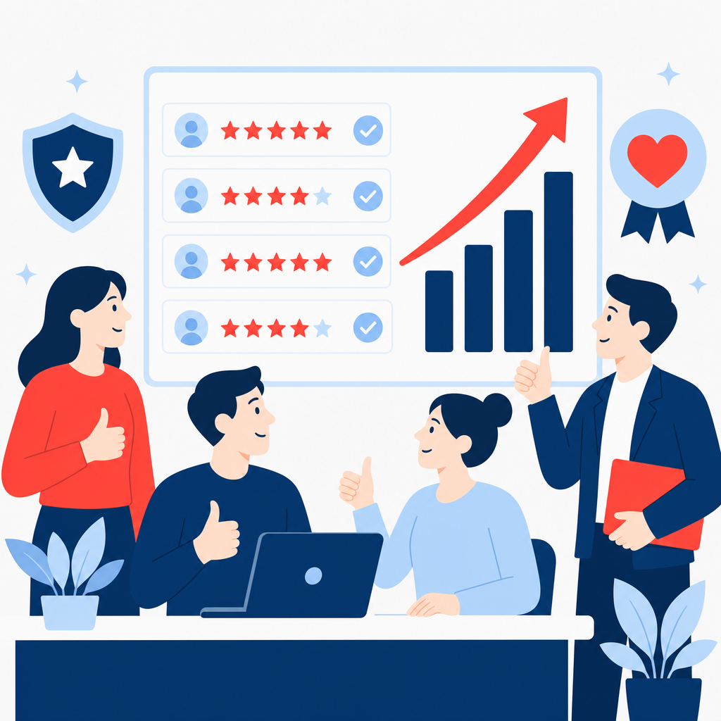 Illustration of a team receiving positive feedback and an improving trend after managing reviews