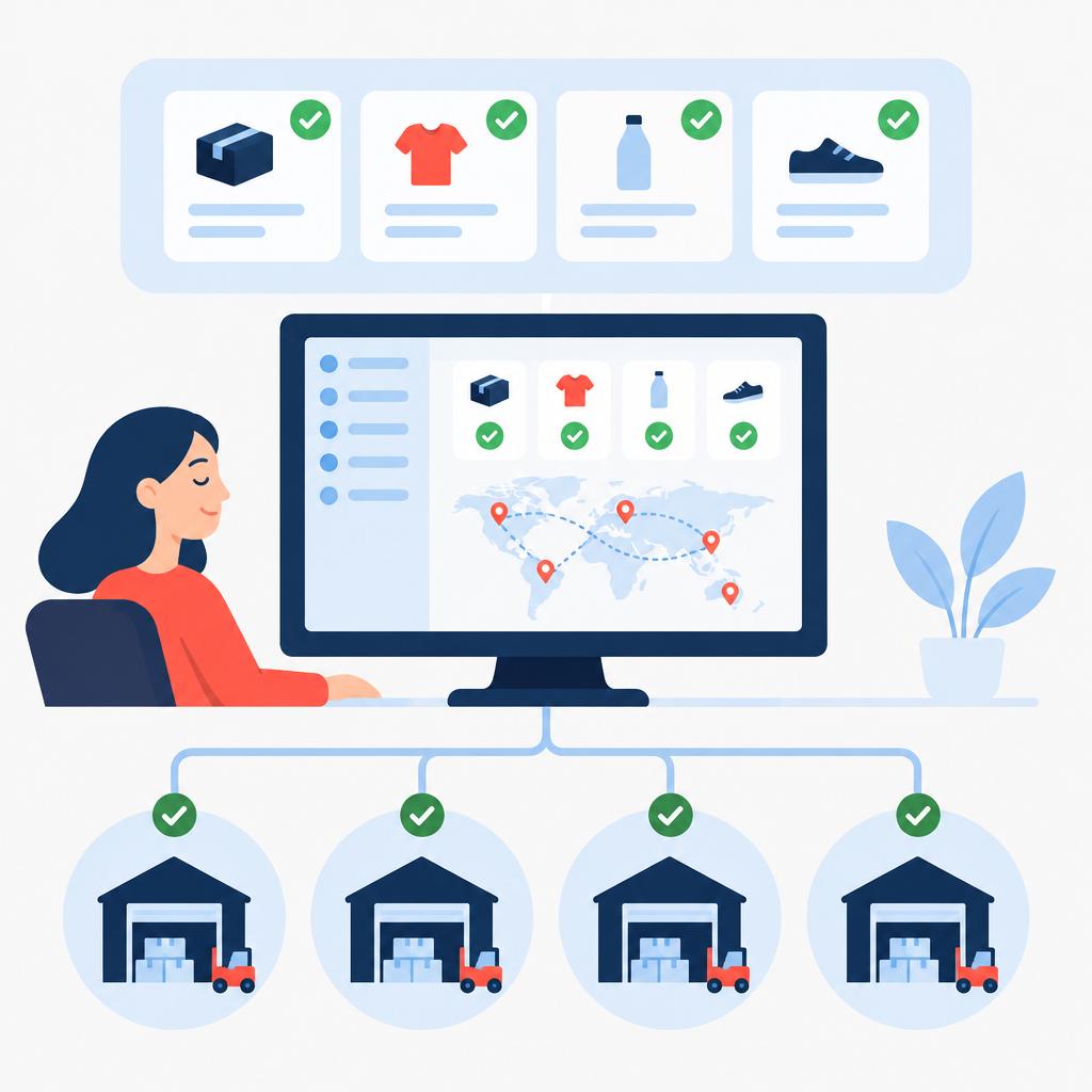 Flat vector showing a tidy dashboard and connected warehouses representing streamlined automated fulfilment