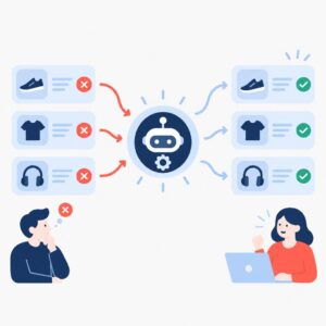 Flat vector illustration of an automated process converting cancelled order alerts into personalised messages and recovered orders.
