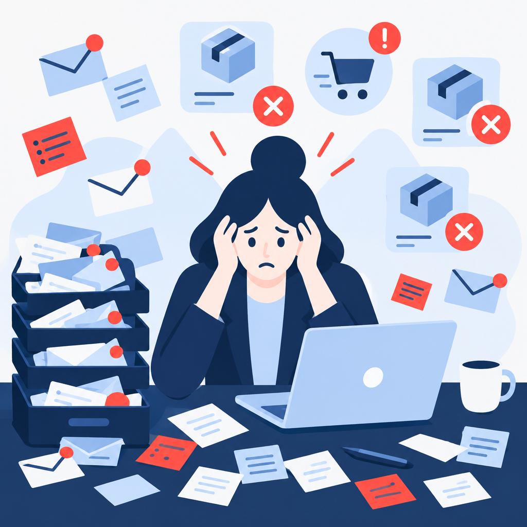 Illustration of an overwhelmed agent with scattered cancelled orders and a cluttered inbox representing the pre‑automation challenge.