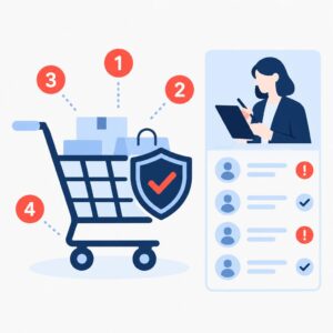Flat vector illustration of a shielded shopping cart with risk score markers and a reviewer dashboard