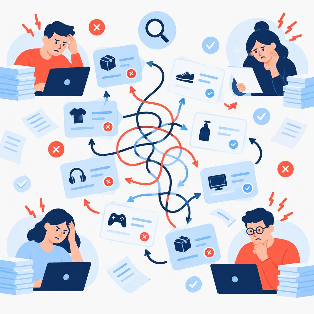 Flat vector illustration showing a cluttered manual order review queue and overwhelmed reviewers