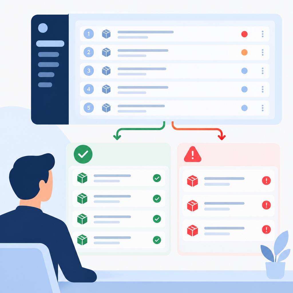 Flat vector illustration showing a streamlined automated review dashboard with prioritized queues and clear approved/flagged flows