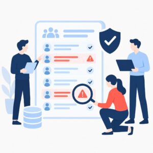 Flat vector illustration showing a payroll checklist with highlighted anomalies and a shield representing validation