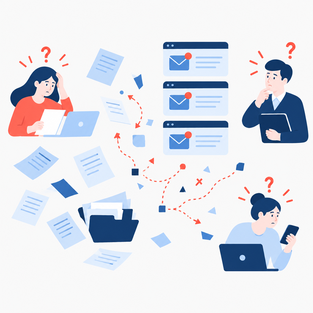 Vector image showing fragmented purchase requests, multiple inboxes and distracted approvers representing manual approval challenges.