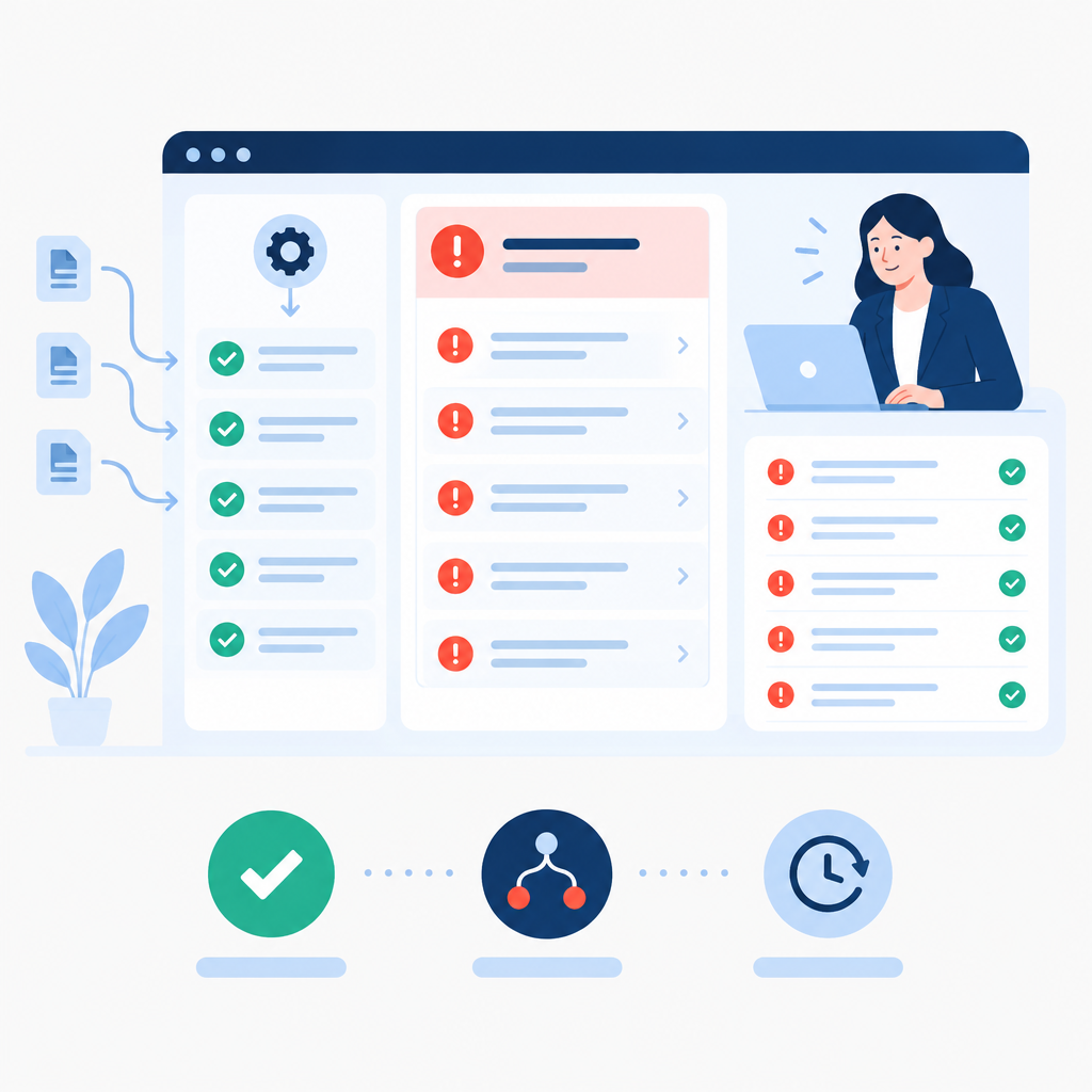 Vector image showing a calm dashboard with auto-approved items flowing and a concise exception queue representing streamlined approvals.