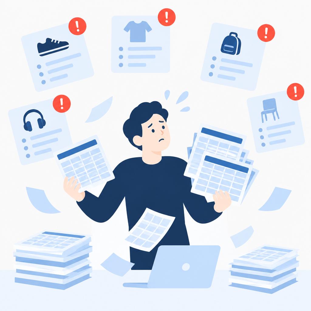 Ilustración vectorial plana de fichas de producto fragmentadas e iconos de advertencia que representan problemas con los catálogos impresos