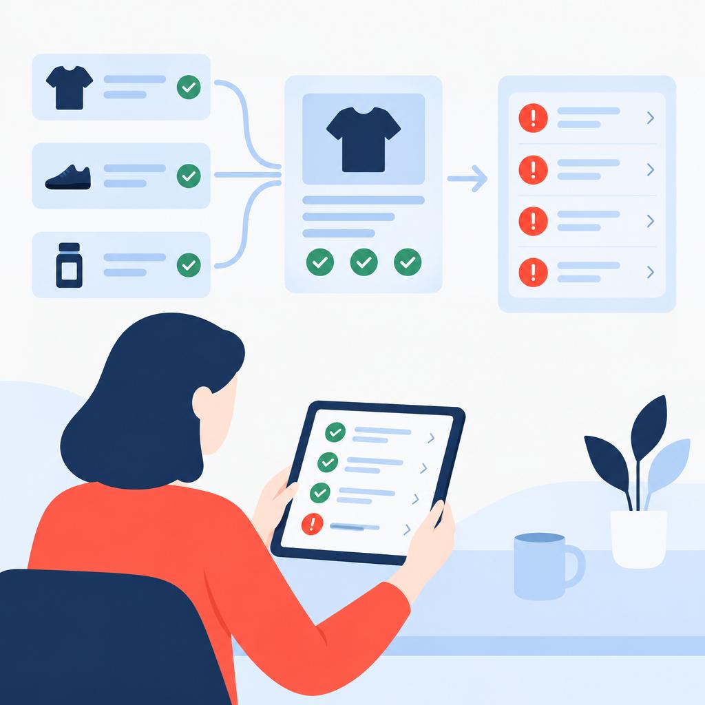 Ilustración vectorial plana de registros de productos unificados, marcas de verificación verdes y un operador tranquilo que revisa una cola de excepciones