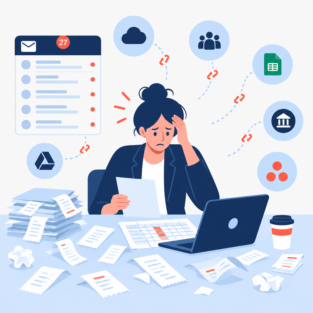Flat-vector illustration of a cluttered receipts and spreadsheets scene representing manual expense reconciliation challenges.