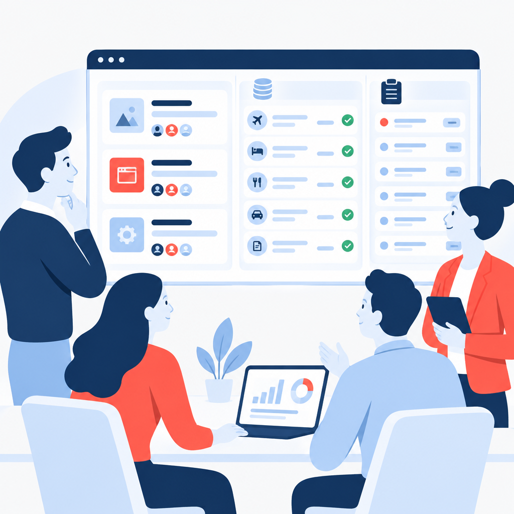 Flat-vector illustration of a tidy dashboard showing reconciled project expenses and a ready-to-send billing queue.