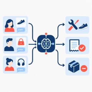 Vector illustration showing automated returns routing from customer returns to repair, refund and warehouse actions
