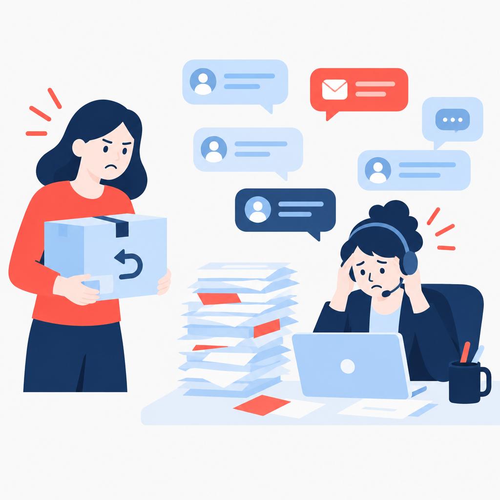 Vector illustration showing a customer return challenge with overwhelmed staff and messy paperwork