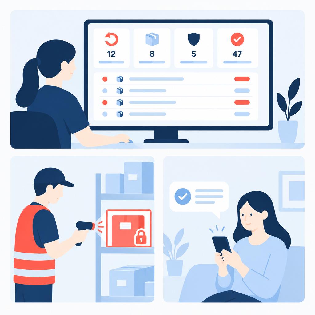 Vector illustration showing streamlined returns operations with a dashboard, warehouse inspection and customer confirmation