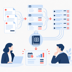 Flat vector illustration showing automated financial schedules and ledger entries representing revenue recognition