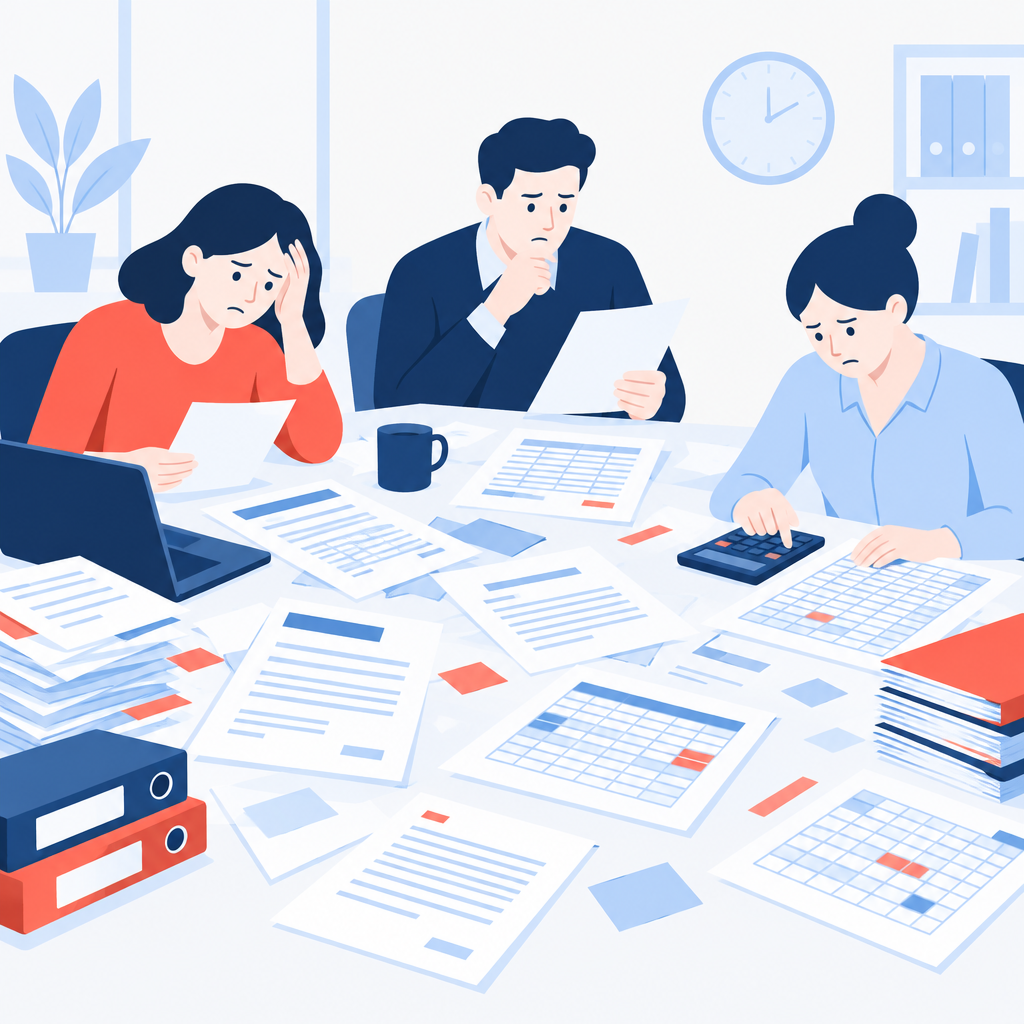 Flat vector illustration of scattered invoices, contracts and spreadsheets representing manual revenue recognition work
