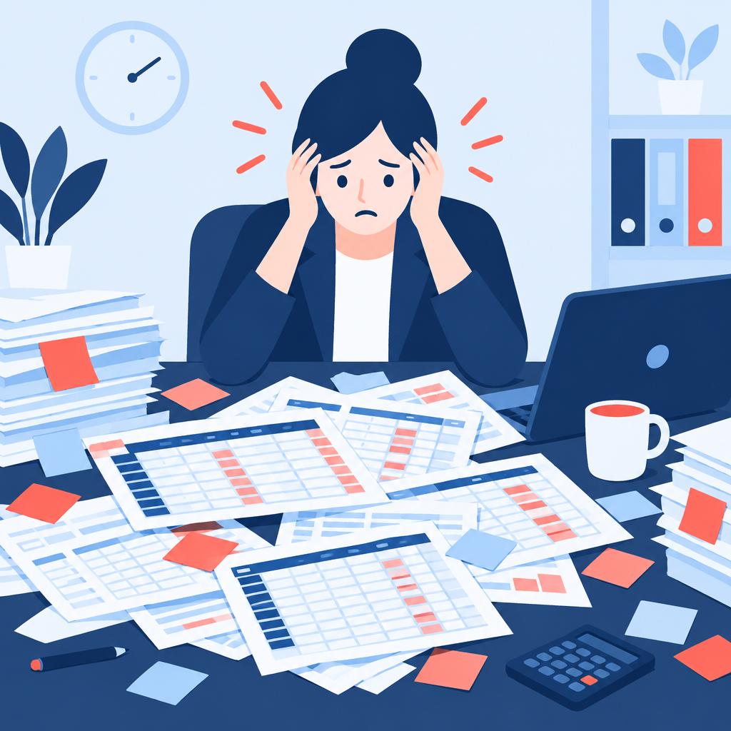 Flat-vector illustration of a cluttered desk with spreadsheets and a stressed worker representing manual commission calculations