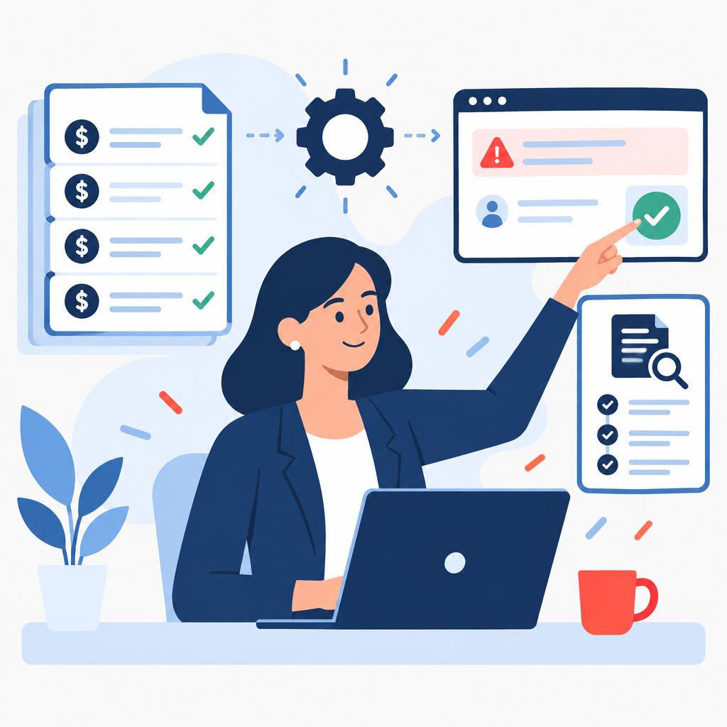 Flat-vector illustration of a tidy dashboard, approved payout file and a reviewer handling a small flagged exception