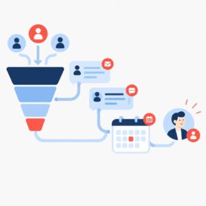 Illustration vectorielle représentant un tunnel de vente avec des points de contact automatisés reliés à un agenda et à des messages