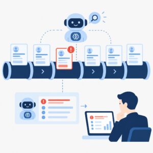 Ilustración vectorial de estilo plano que muestra un proceso de ventas con señales de seguimiento mediante IA e iconos que indican las oportunidades prioritarias.