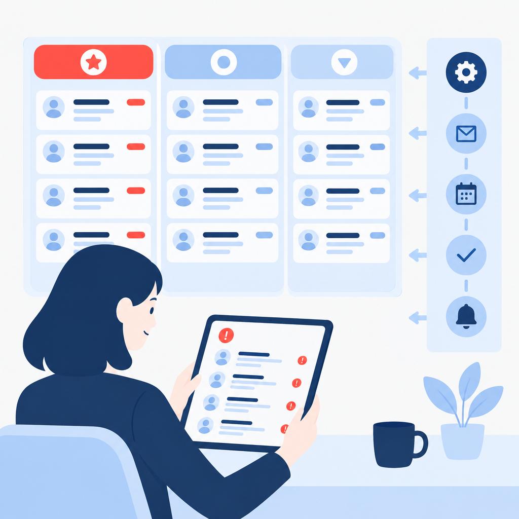 Ilustración vectorial minimalista que muestra un proceso organizado con oportunidades priorizadas y a un responsable revisando una breve lista de excepciones tras la automatización.
