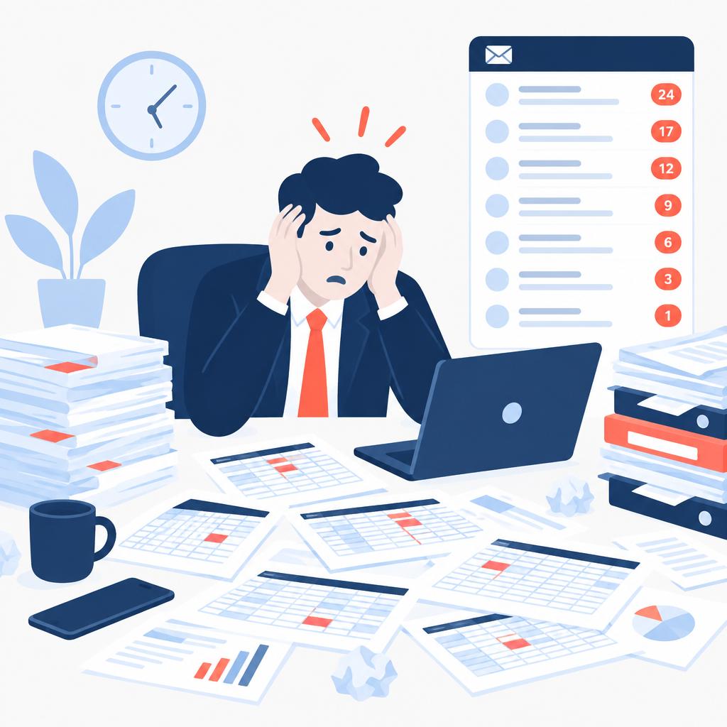 Flat-vector illustration of a stressed salesperson surrounded by spreadsheets and notifications representing manual quote work.