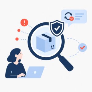 Flat vector illustration of a delivery package under monitoring with alert icons and a customer message
