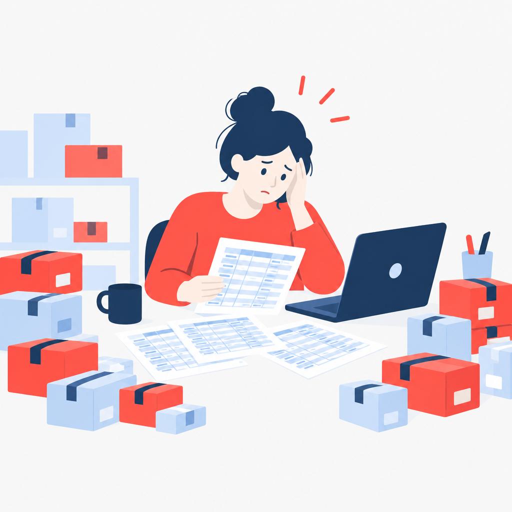 Flat vector illustration of an overloaded desk with many packages and a person checking spreadsheets representing shipping problems before automation