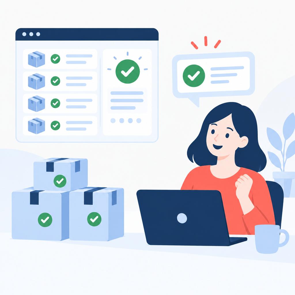 Flat vector illustration of a tidy dashboard and a satisfied agent with resolved shipment notifications representing the result after automation