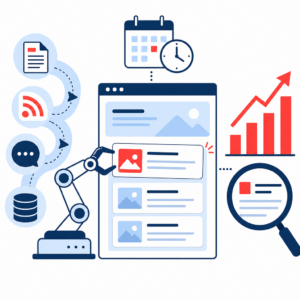 implementi.ai 产品图片 v2 — 与 Blogger.com 集成的人工智能社交媒体工具：一幅扁平化矢量插图，展示了内容自动流入博客的过程，以及随之提升的曝光度和内容排期功能