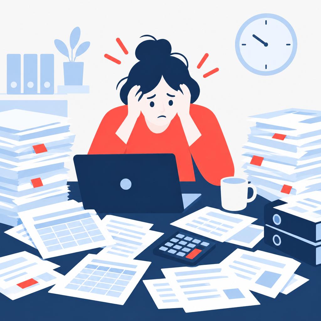 Flat vector illustration of a cluttered desk with invoices and spreadsheets representing manual AP work
