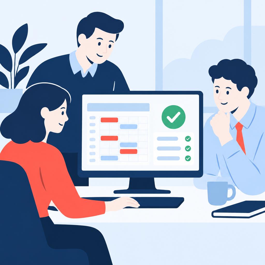 Flat vector illustration of a calm finance team viewing a clean payment schedule with captured discounts