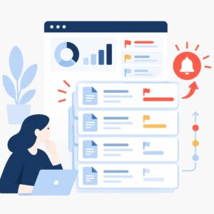 Vector illustration: dashboard showing prioritized supplier invoices and alert icons representing monitored invoice aging
