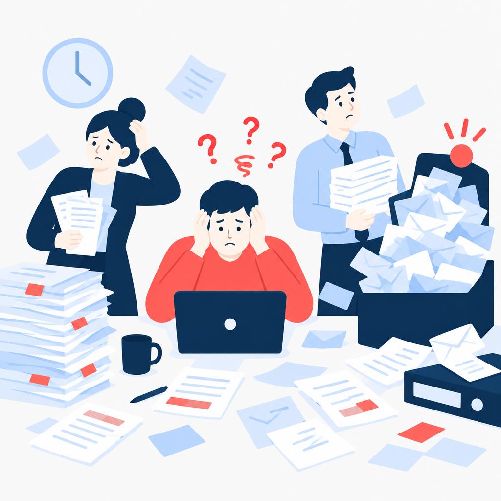 Vector illustration of a chaotic desk with scattered invoices and overflowing inbox, representing manual AP challenges