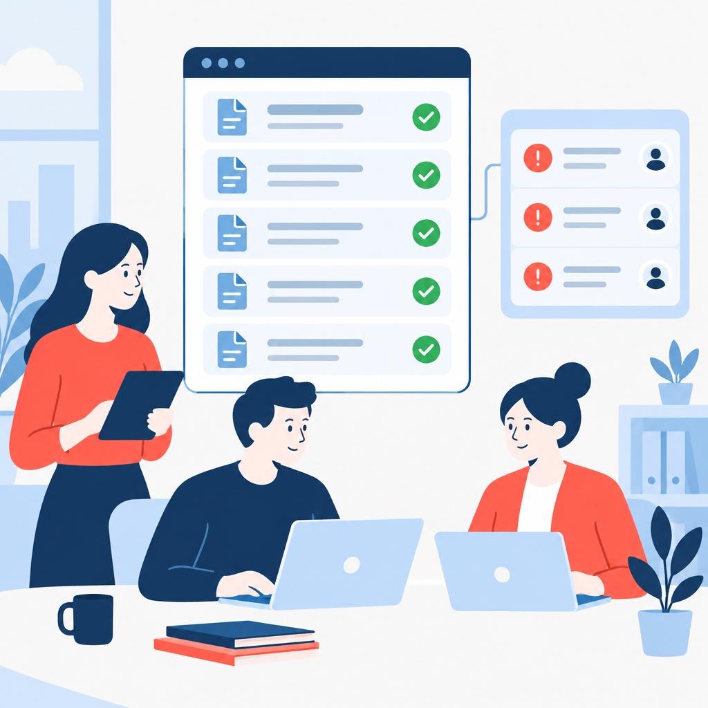 Vector illustration of an orderly AP queue with approved invoices and a concise escalation list, representing automated invoice management