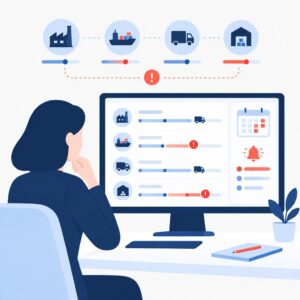Illustration vectorielle représentant un responsable des achats qui surveille les retards de livraison des fournisseurs à l'aide de systèmes interconnectés et qui prend des mesures proactives pour passer de nouvelles commandes.